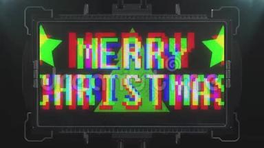 彩色圣诞快乐文字跳跃未来的<strong>液晶</strong>屏幕动画背景与雪-新质量复古